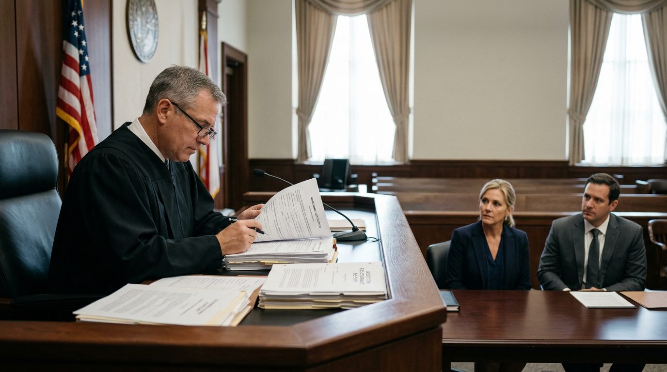 A courtroom where a judge reviews petition papers and assessment reports while the petitioner sits with counsel.