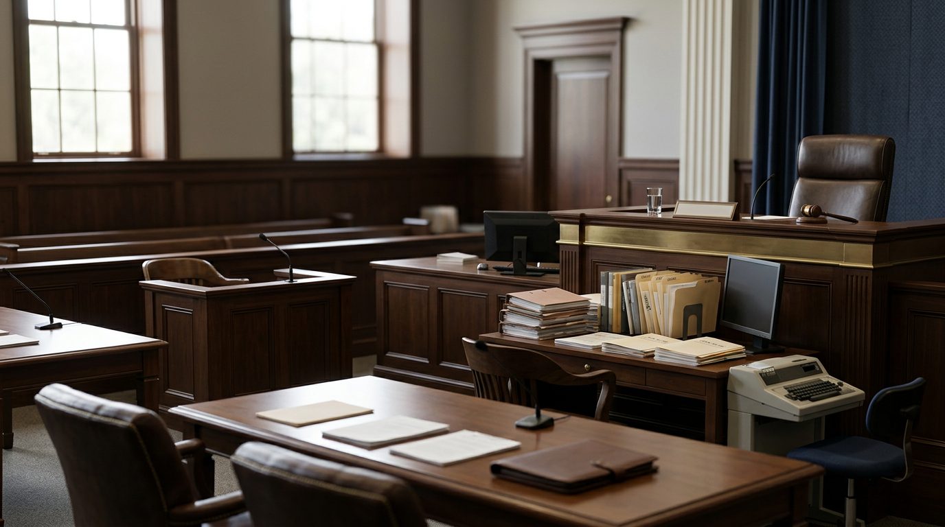 A courtroom with an empty judge's bench, witness stand, and case files on the clerk's desk.
