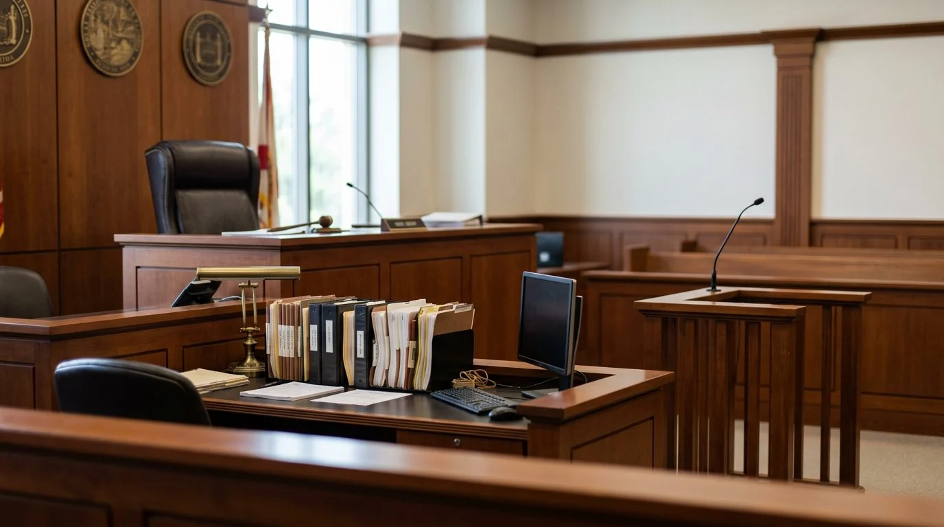 A courtroom with an empty judge's bench, witness stand, and case files on the clerk's desk.