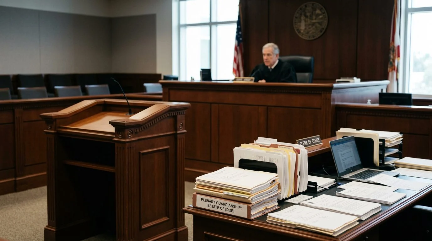 A courtroom with an empty judge's bench, witness stand, and case files on the clerk's desk during a guardianship hearing.