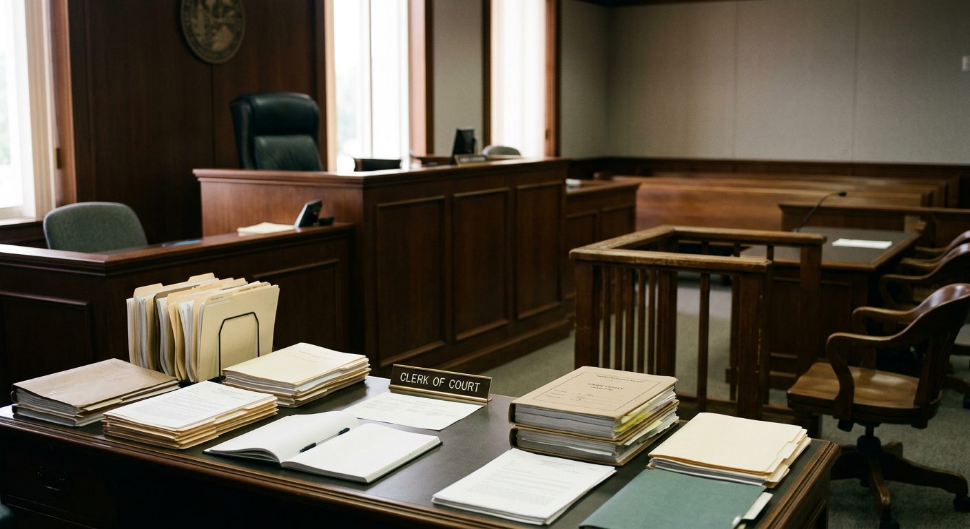 A courtroom with an empty judge's bench, witness stand, and case files on the clerk's desk.