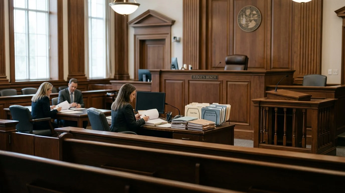A courtroom with an empty witness stand, judge's bench, and case files on the clerk's desk, set for a guardianship hearing.