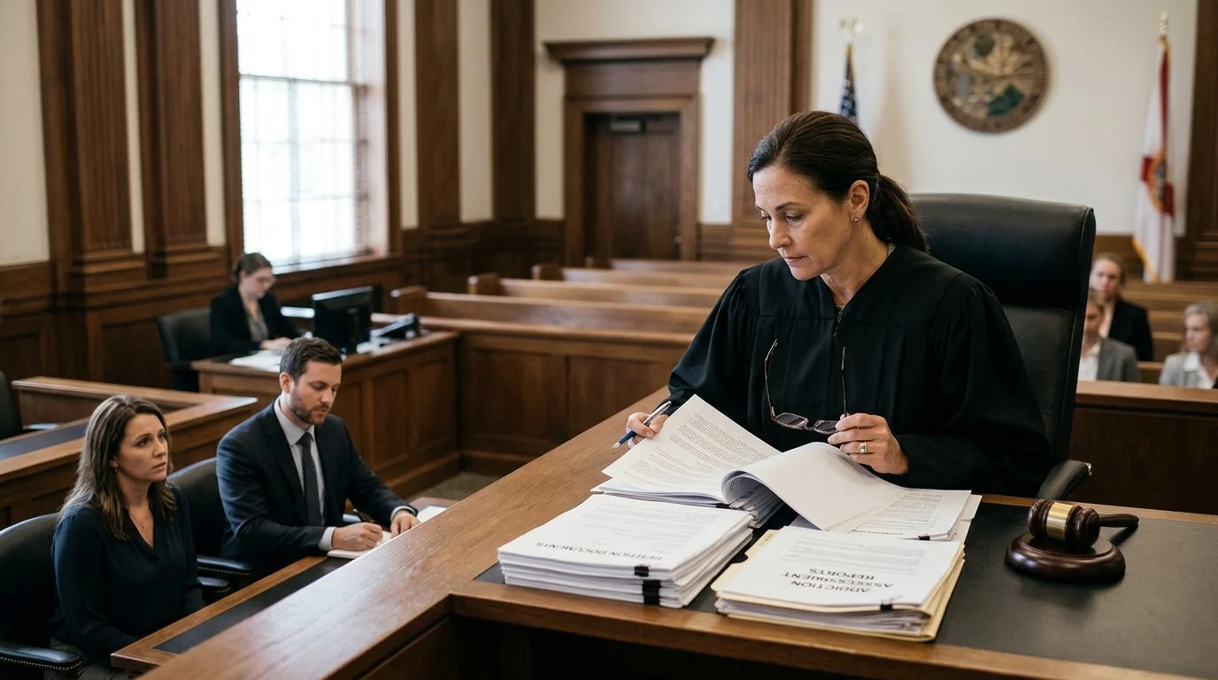 A Florida courtroom during a Marchman Act hearing, with a judge reviewing a commitment petition and assessment reports while the petitioner sits with