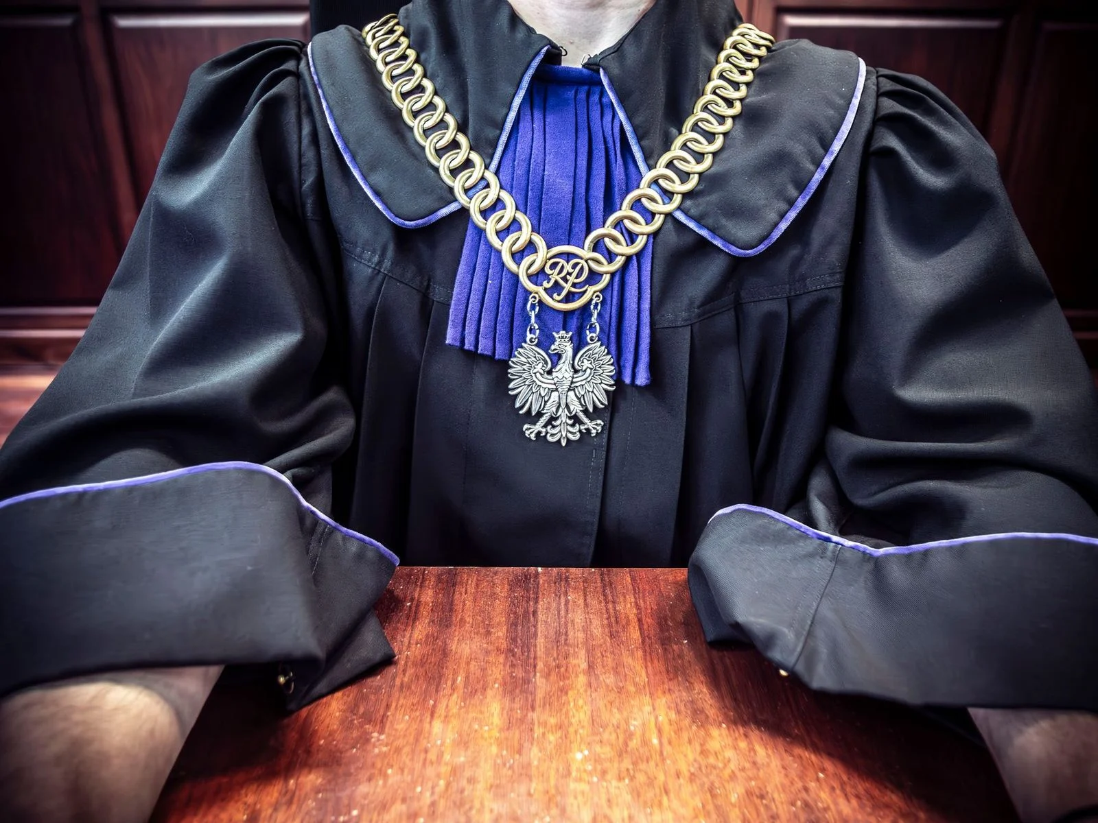 A judge in a black robe with a gold chain medallion sits at a courtroom table.