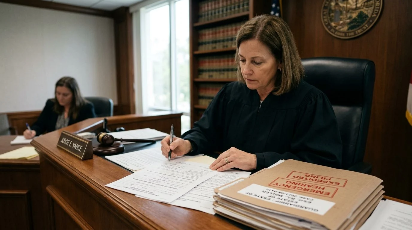 A judge reviews an urgent guardianship petition and temporary order forms in a courtroom setting.