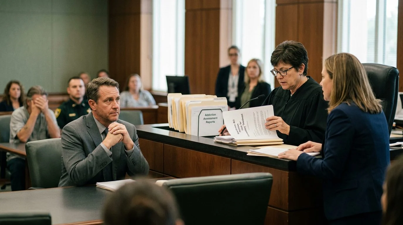 A judge reviews commitment petition documents at a bench while the petitioner and counsel sit in a Florida courtroom.
