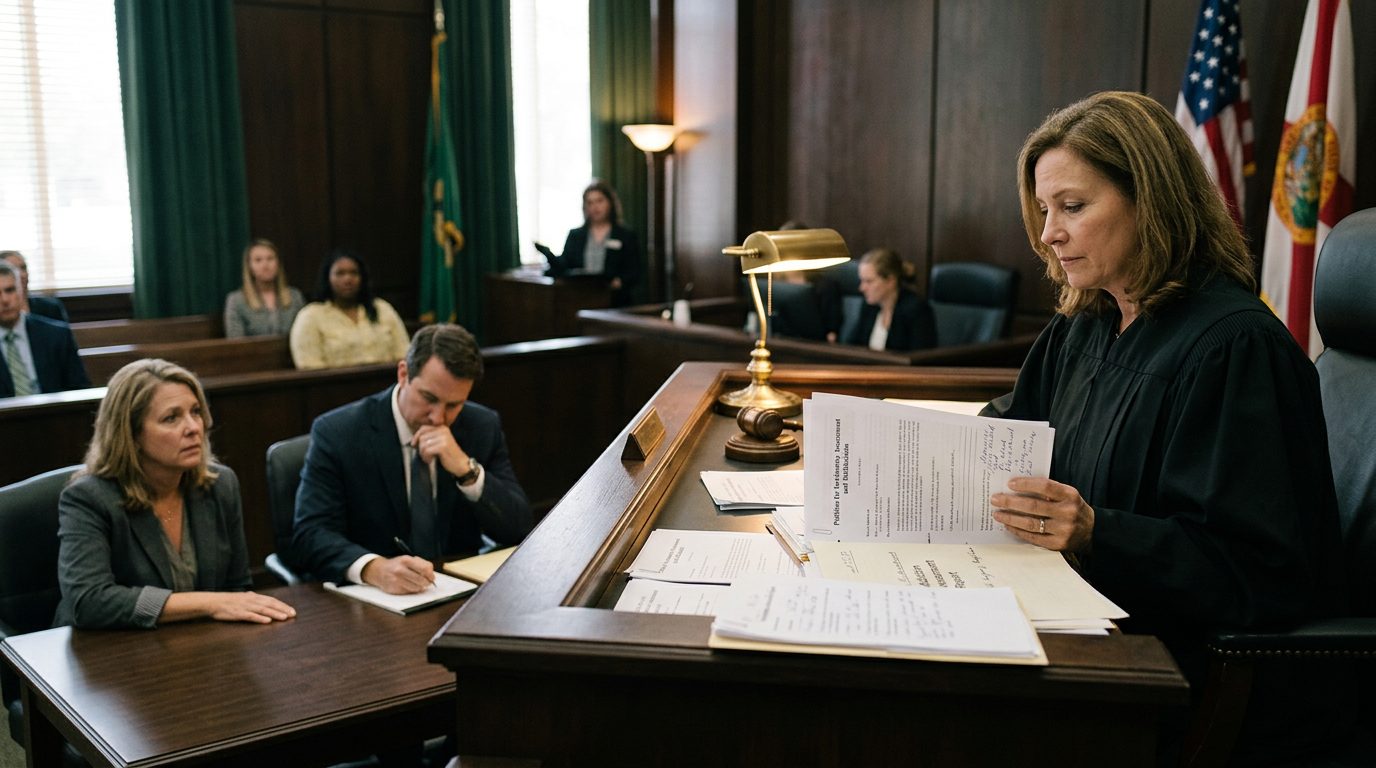 Una jueza revisa documentos de una petición de internamiento en un estrado de un tribunal de Florida, mientras el solicitante se sienta junto a su