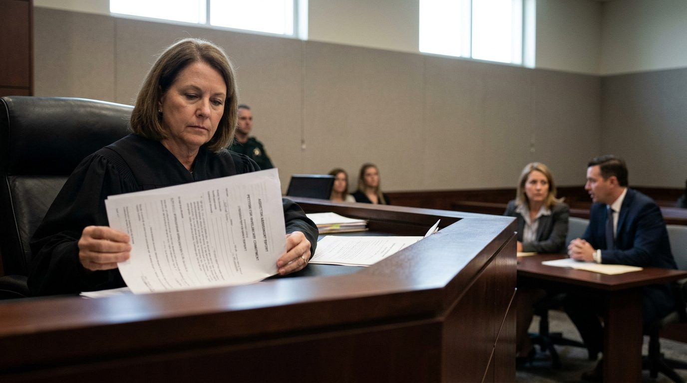A judge reviews commitment petition documents at a Florida courtroom bench while a family and their attorney sit nearby.
