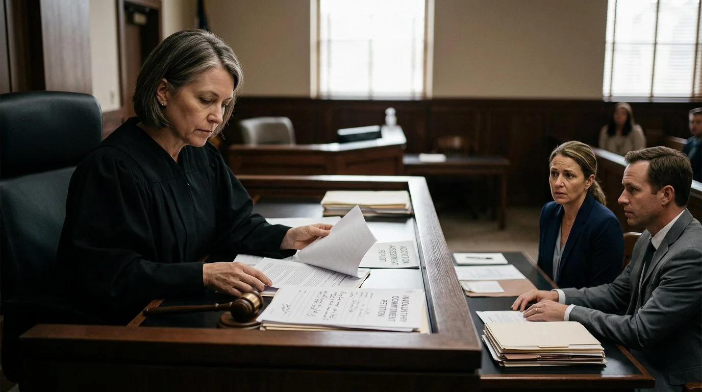 A judge reviews commitment petition documents at the bench during a Marchman Act hearing in a Florida courtroom, with counsel and the petitioner