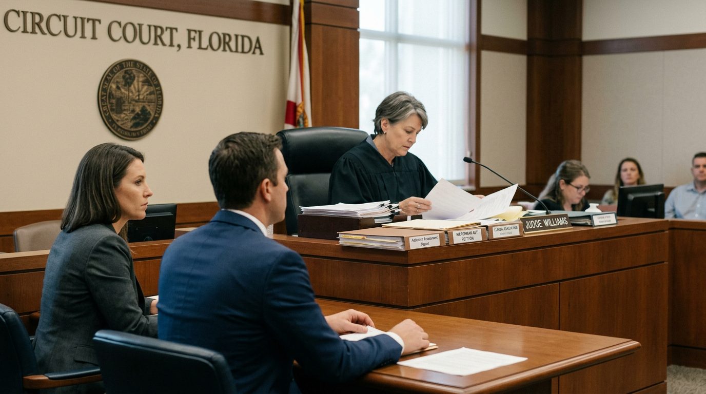 A judge reviews commitment petition documents at the bench during a Marchman Act hearing in a Florida courtroom.