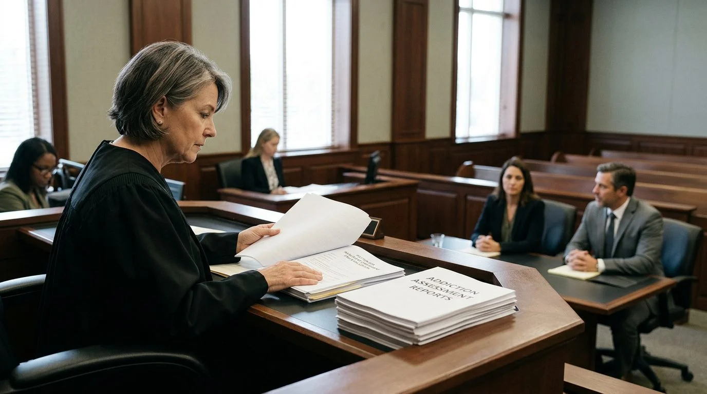 A judge reviews commitment petition documents at the bench while the petitioner sits with counsel in a Florida courtroom.