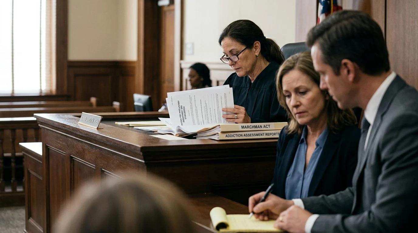 A judge reviews commitment petition documents at the bench while a petitioner sits with counsel in a Florida courtroom.