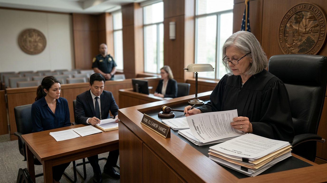 A judge reviews commitment petition documents at the bench while a petitioner and attorney sit in a Florida courtroom.
