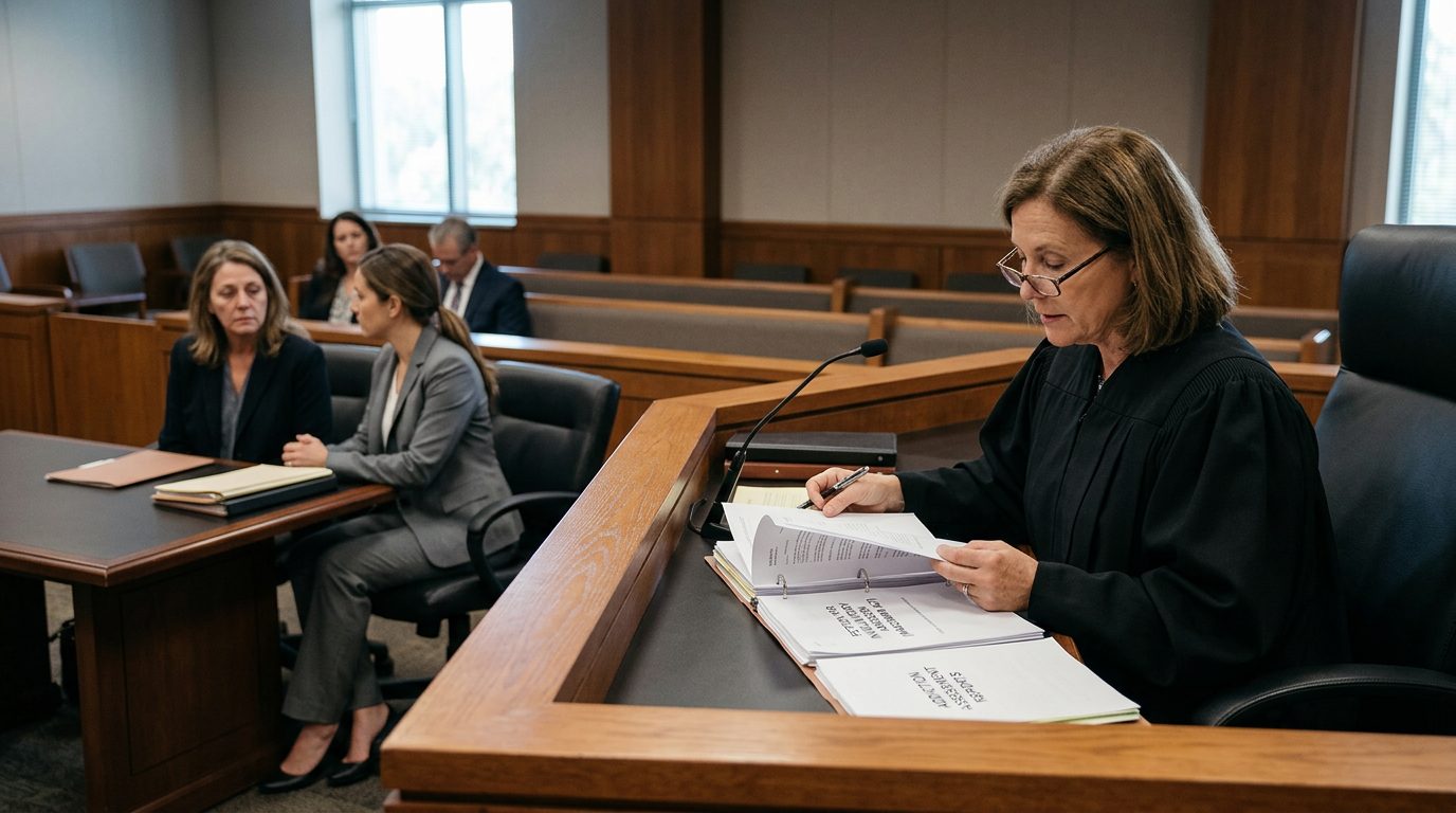 A judge reviews commitment petition papers at the bench during a Marchman Act hearing, with the petitioner and counsel present.