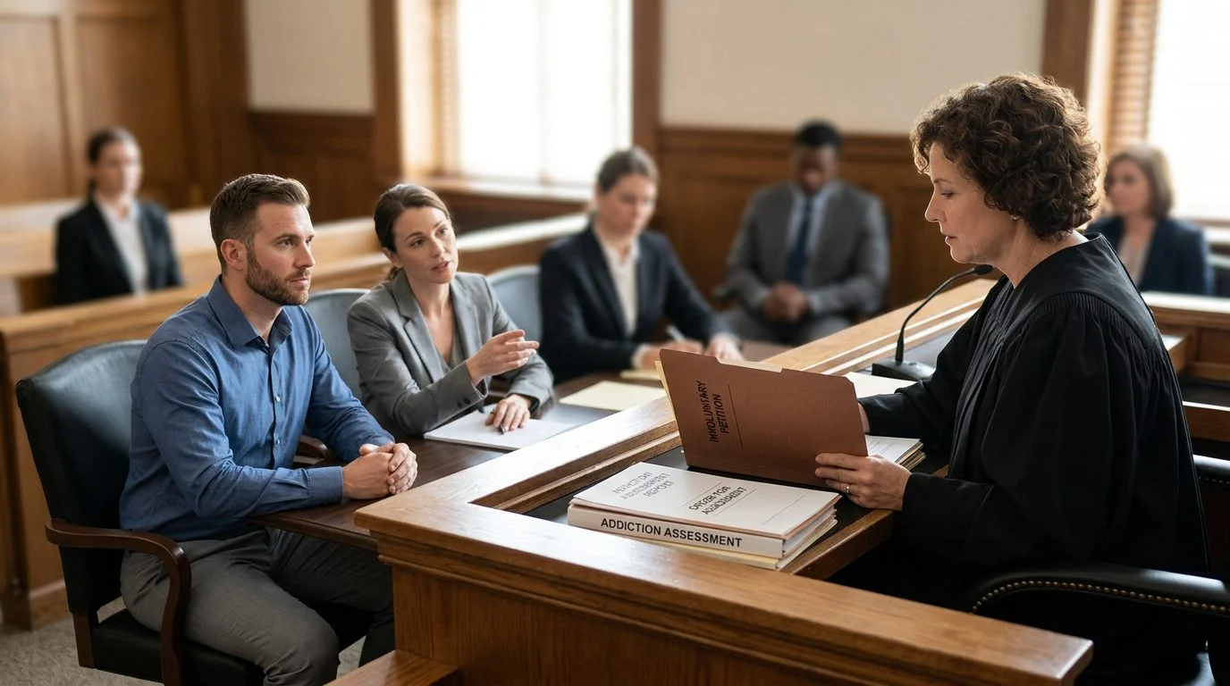 A judge reviews documents at a bench in a courtroom while a petitioner sits with counsel during a Marchman Act hearing.