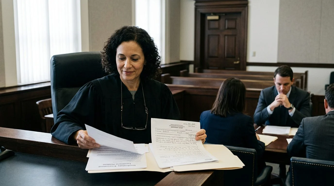 A judge reviews documents at a courtroom bench while a petitioner sits with counsel during a Marchman Act hearing.