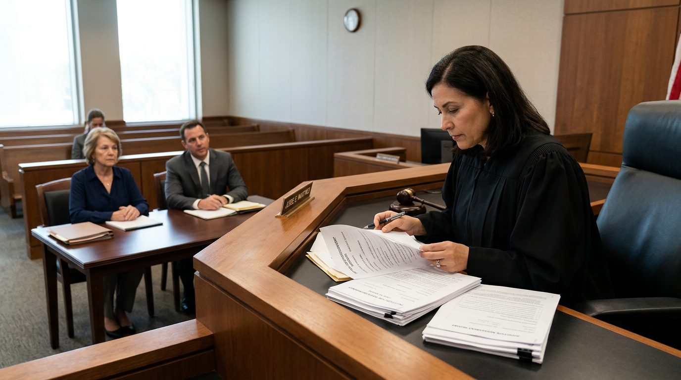 A judge reviews documents at a courtroom bench while a petitioner sits with counsel during a Marchman Act hearing.