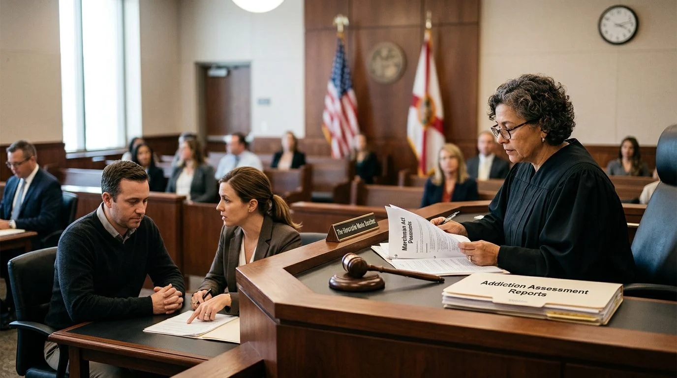 A judge reviews documents at a courtroom bench while attorneys and a petitioner sit at counsel table during a Marchman Act hearing.