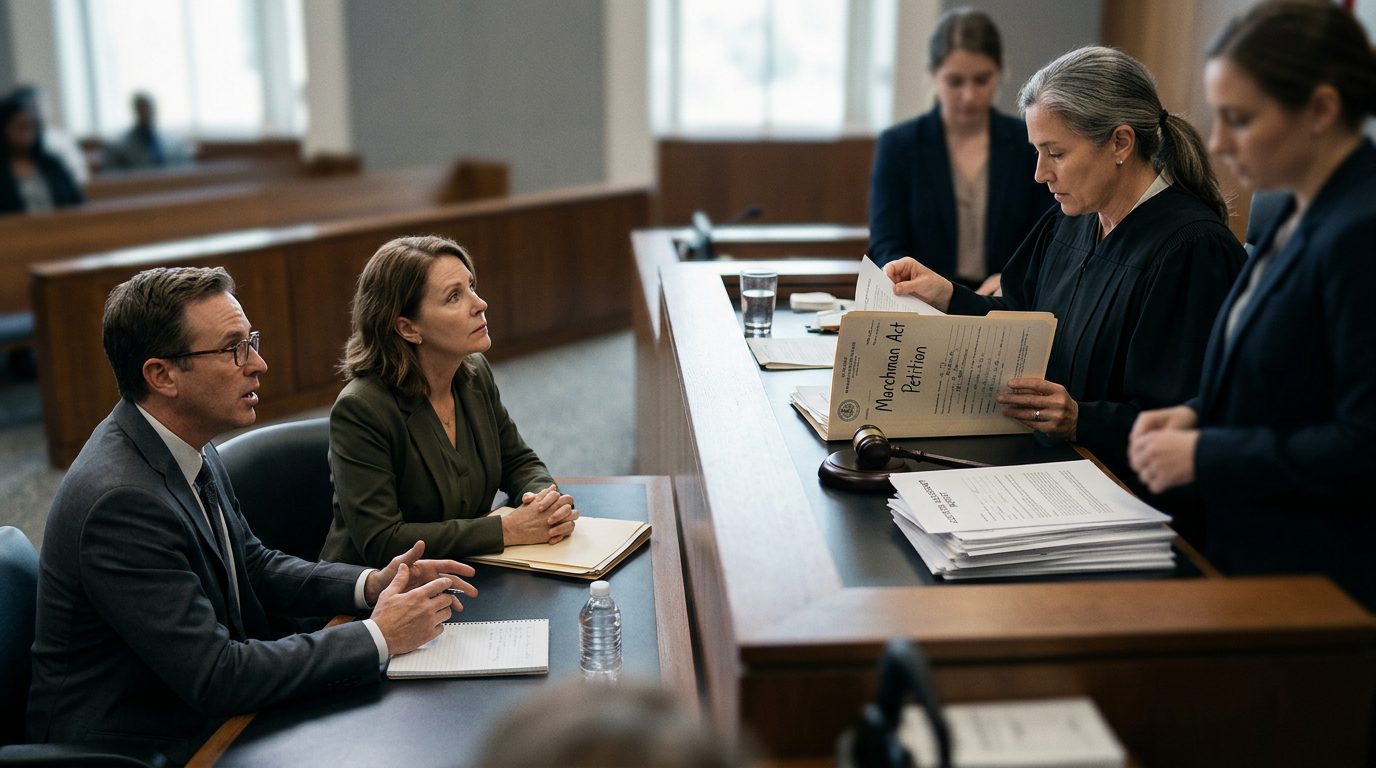 A judge reviews documents at the bench during a courtroom hearing, with a petitioner seated beside counsel.