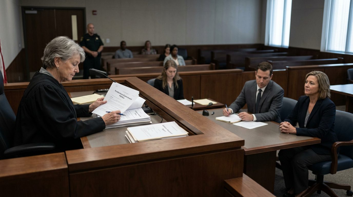 A judge reviews documents at the bench during a Marchman Act hearing, with a petitioner and counsel present.