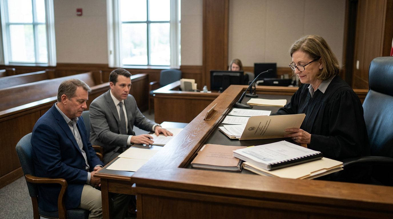 A judge reviews documents at the bench in a courtroom while the petitioner sits with counsel during a Marchman Act hearing.