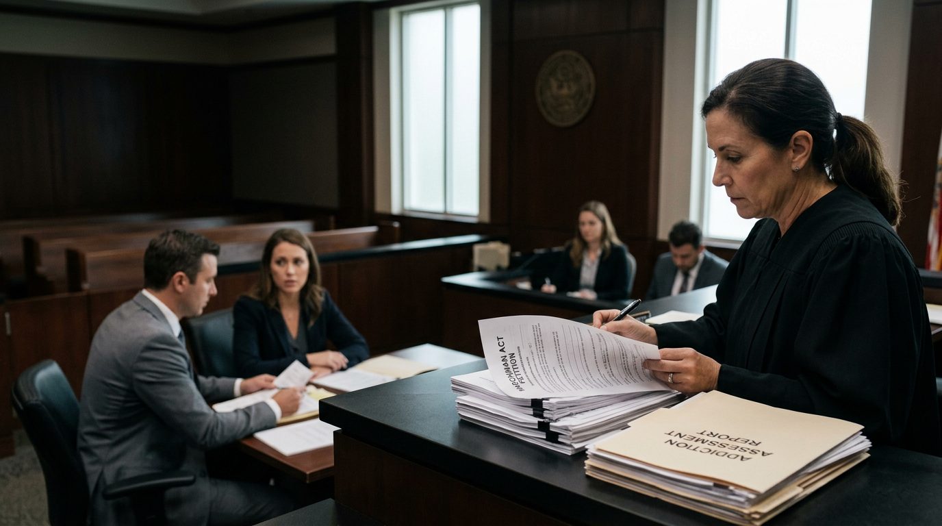 A judge reviews documents at the bench in a Florida courtroom while a petitioner sits with counsel during a Marchman Act hearing.