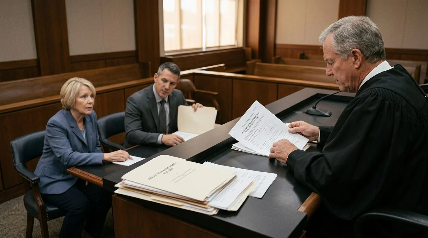 A judge reviews documents at the bench while a petitioner and attorney sit in a Florida courtroom during a Marchman Act hearing.