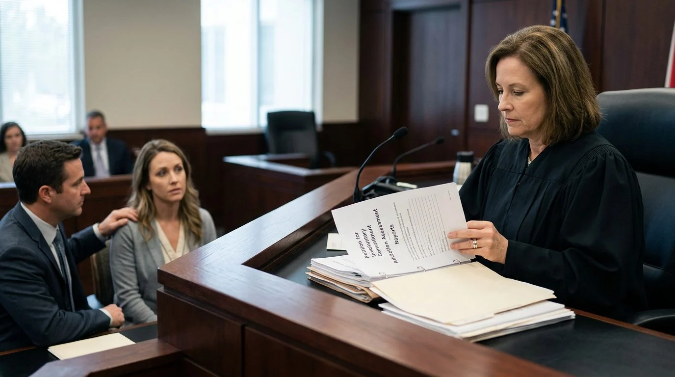 A judge reviews documents at the bench while the petitioner and counsel sit in a Florida courtroom during a Marchman Act hearing.
