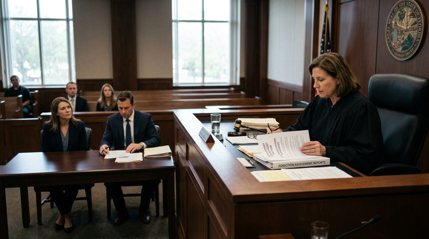A judge reviews documents in a courtroom while a petitioner sits with counsel during a Marchman Act hearing.