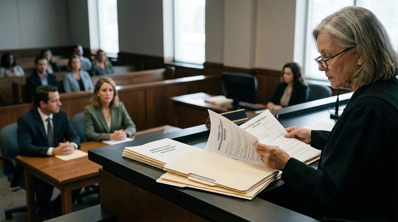 Juez revisa documentos en una sala de tribunal con un peticionario y su abogado en una audiencia de la Ley Marchman.