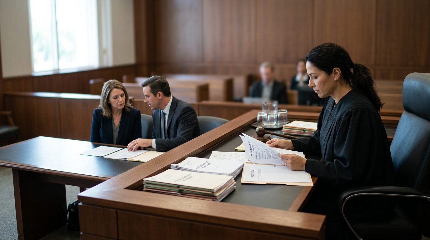 A judge reviews documents in a courtroom while a petitioner sits with counsel.