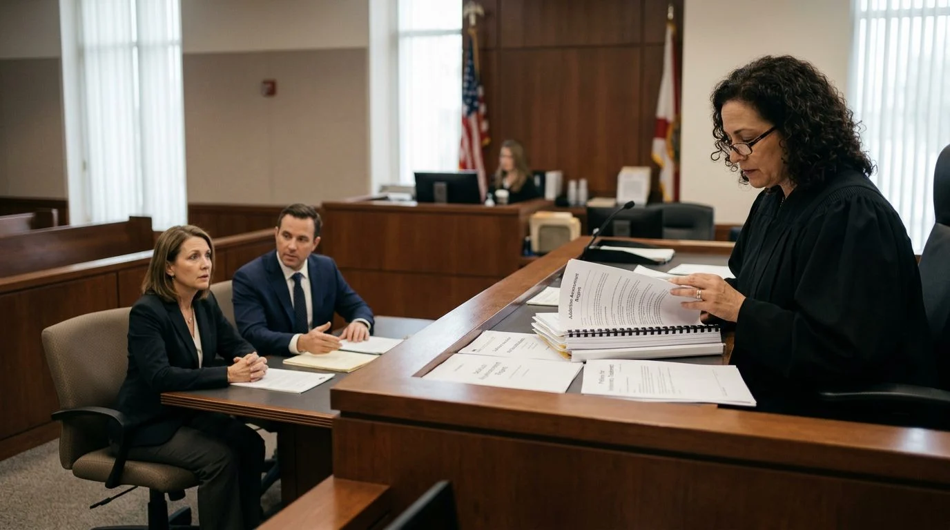 A judge reviews involuntary commitment papers at a courtroom bench while a petitioner sits with counsel.