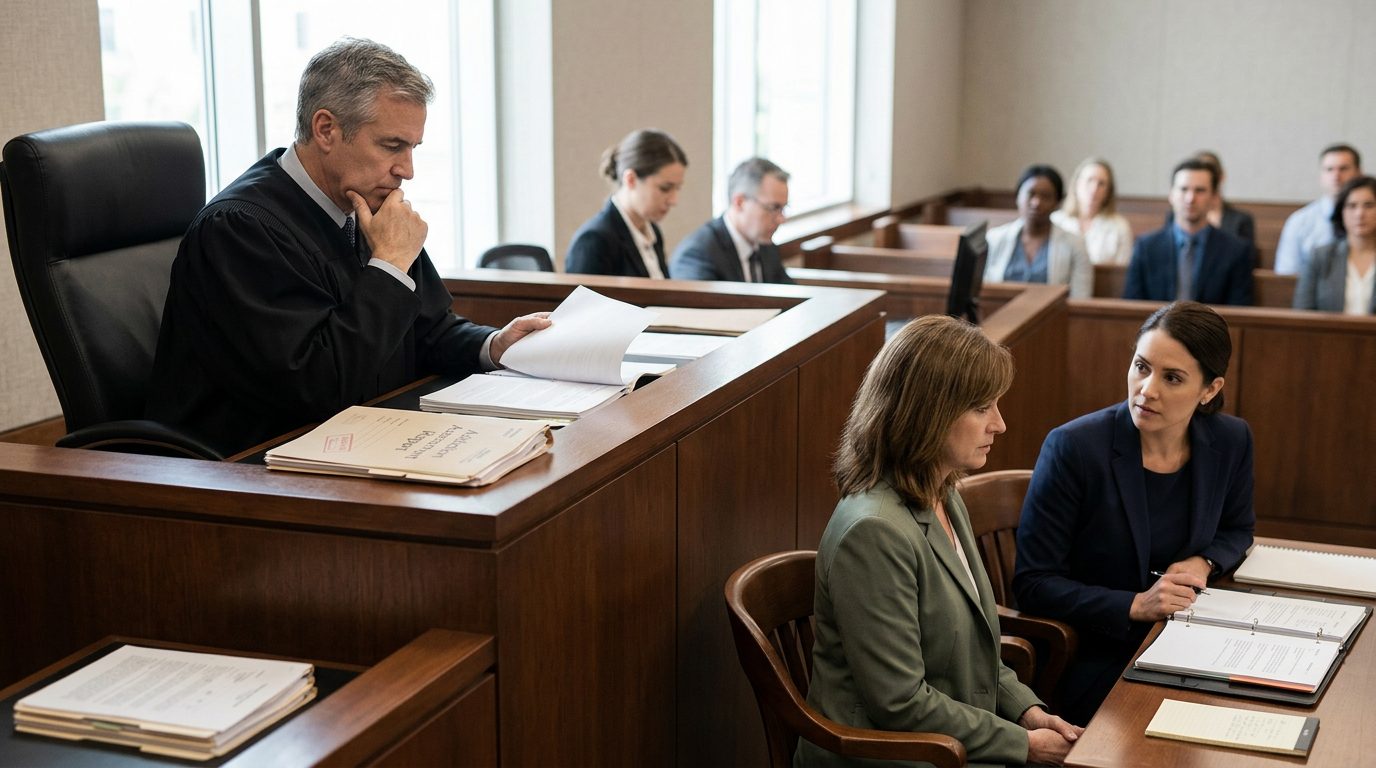 A judge reviews involuntary commitment papers in a courtroom while the petitioner sits with counsel and assessment reports lie on the bench.
