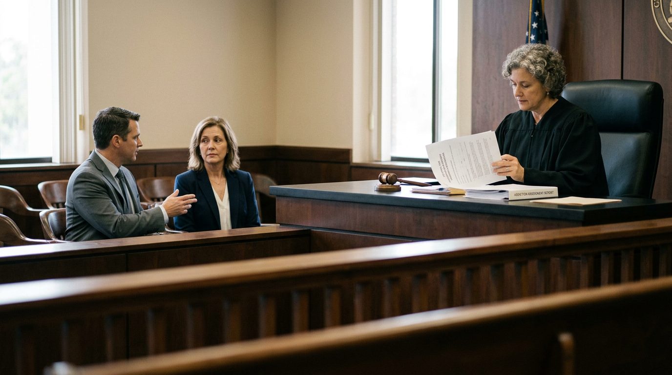 A judge reviews involuntary commitment petition documents at the bench while the petitioner sits with counsel during a courtroom hearing.