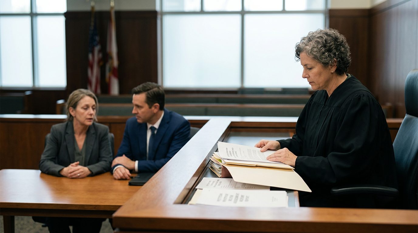 A judge reviews involuntary commitment petition documents at the bench while the petitioner sits with counsel in a Florida courtroom.