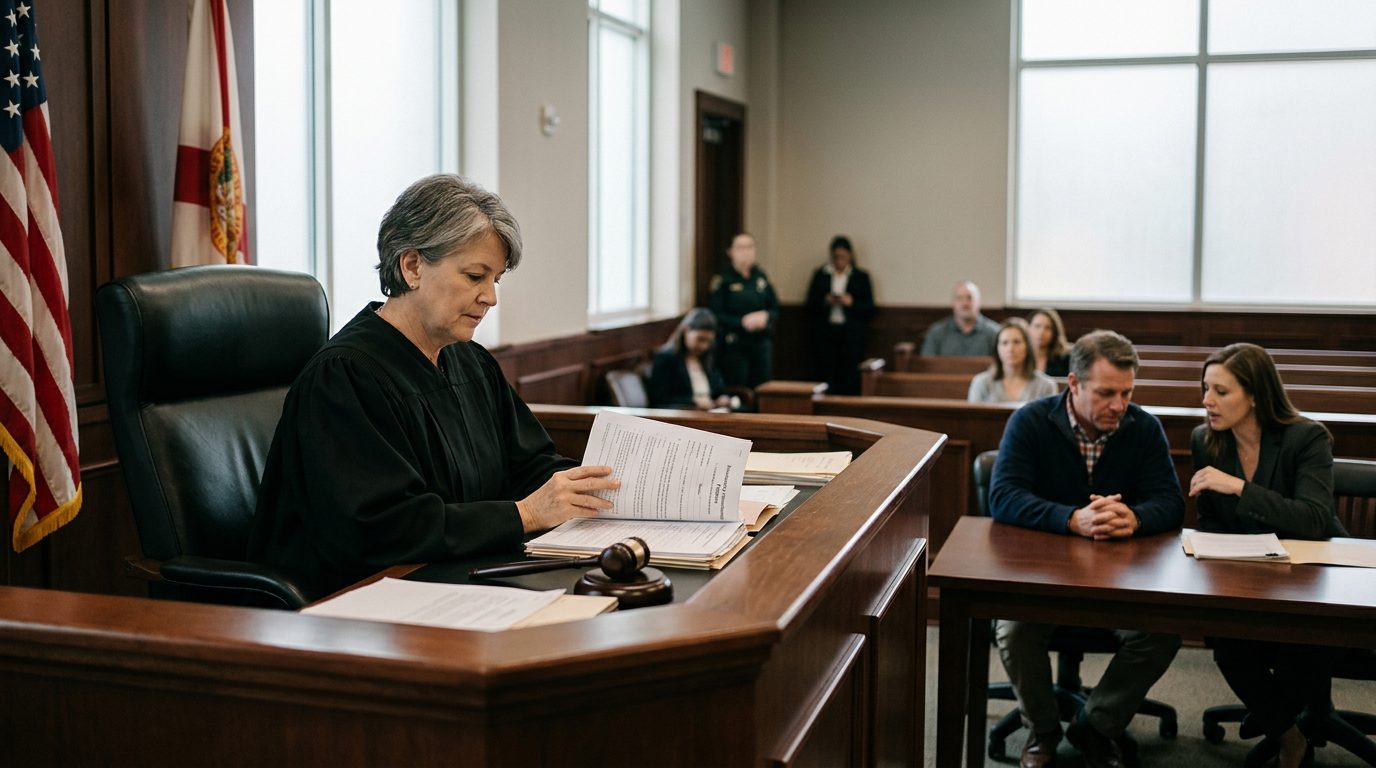 Una jueza revisa documentos de una petición de internamiento involuntario en una sala de audiencias de Florida, con abogados y el peticionario
