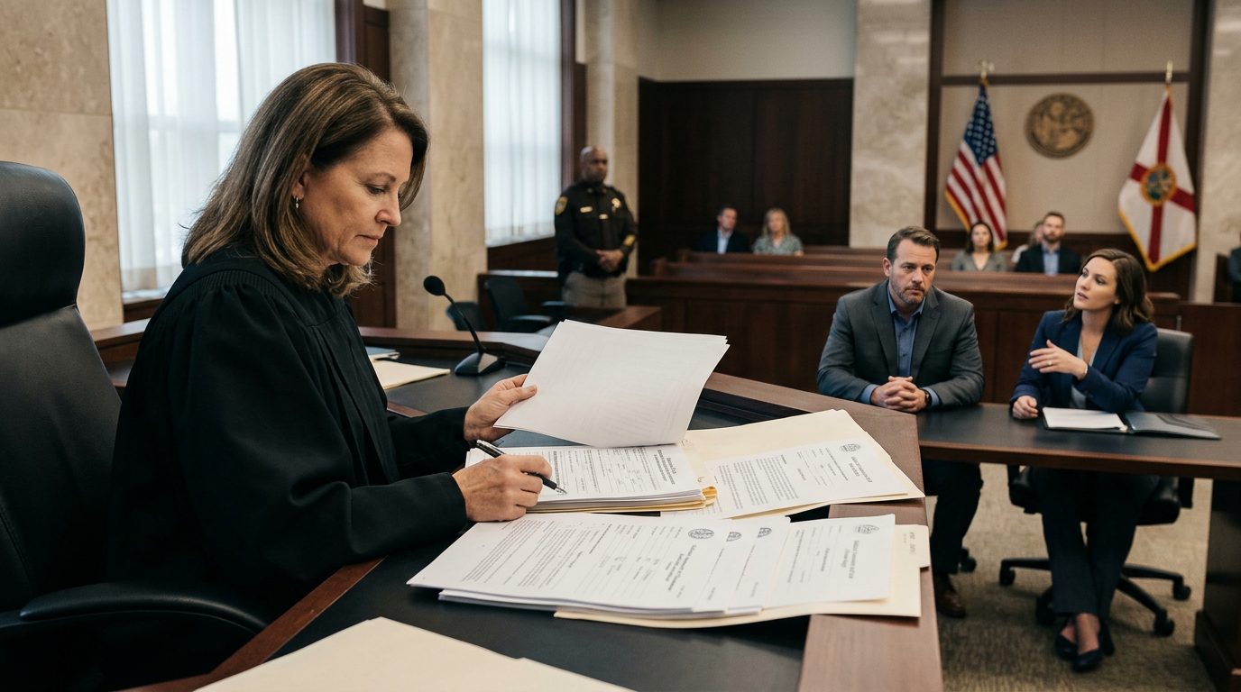A judge reviews involuntary commitment petition documents at a courtroom bench while the petitioner sits with counsel.
