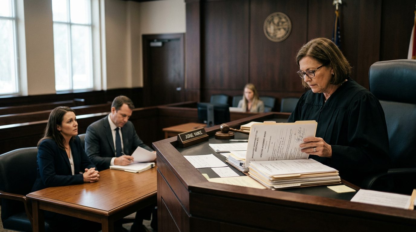 A judge reviews involuntary commitment petition documents at the bench while a petitioner and counsel attend a Florida courtroom hearing.