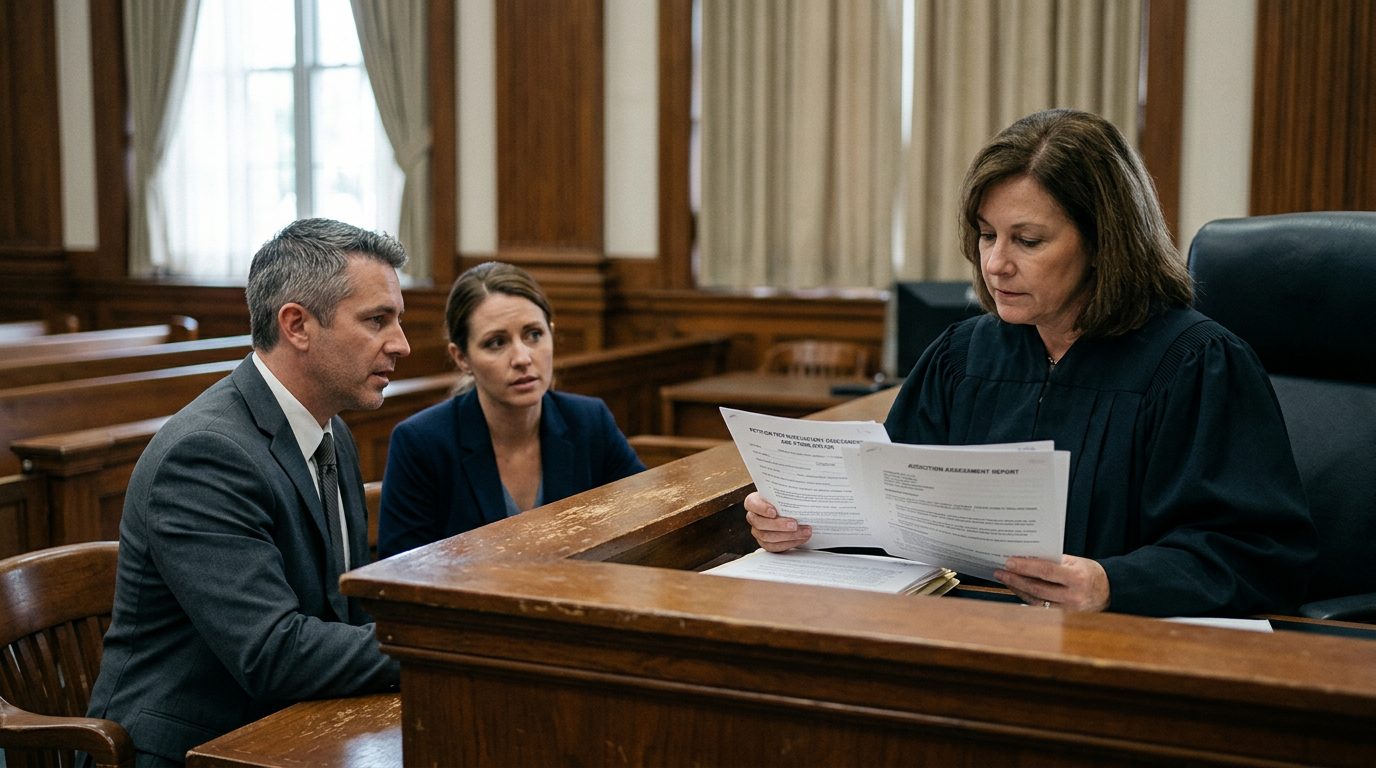 A judge reviews involuntary commitment petition documents in a Florida courtroom while the petitioner sits with counsel.