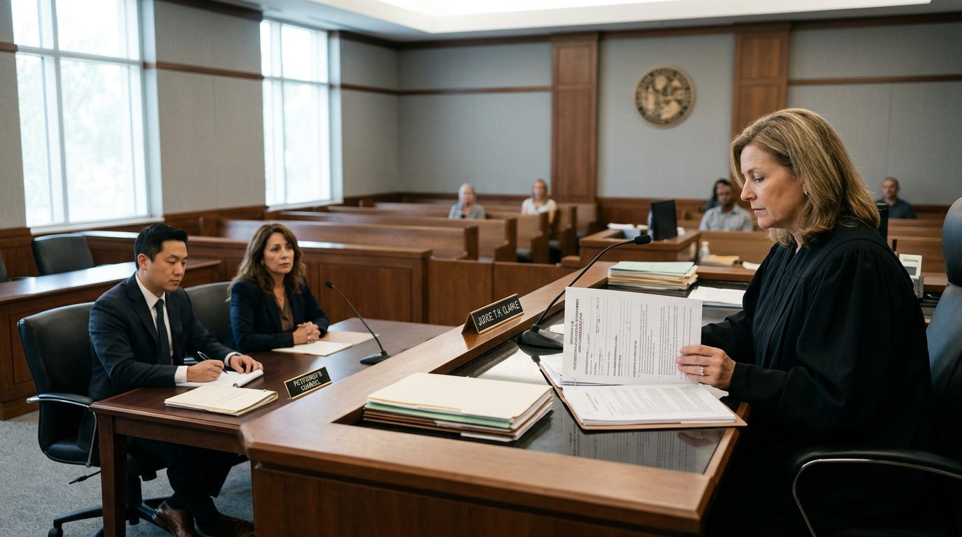 A judge reviews involuntary commitment petition documents in a Florida courtroom while the petitioner sits with counsel.
