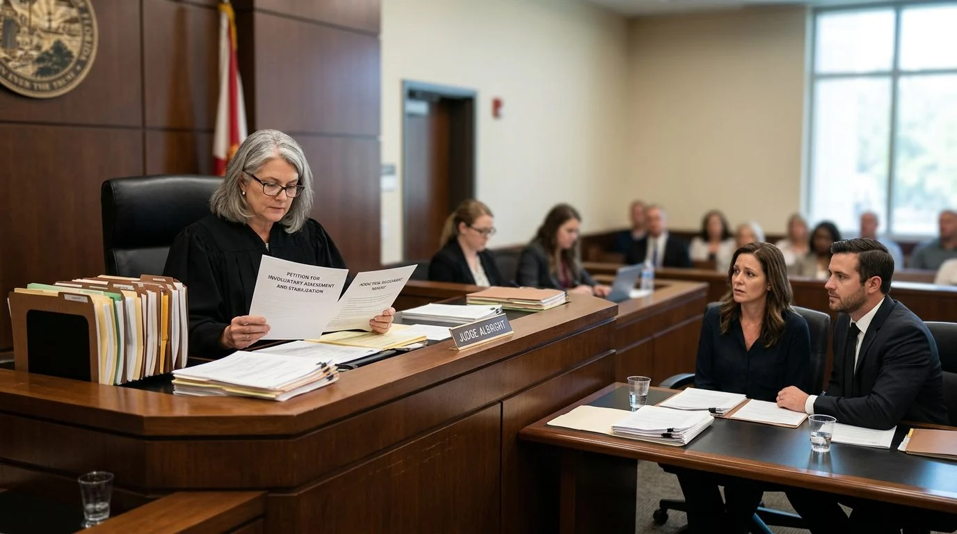 A judge reviews involuntary commitment petition documents in a Florida courtroom while the petitioner sits with counsel.