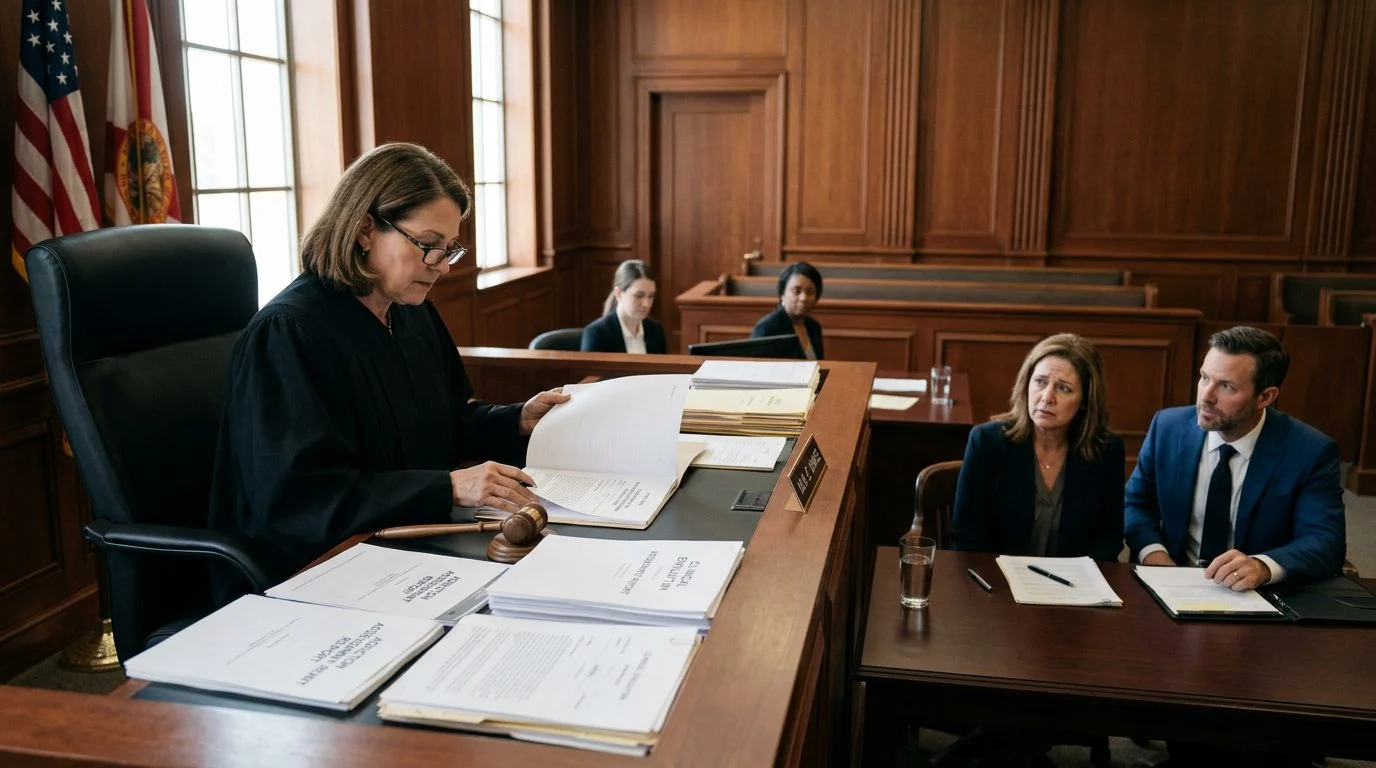 A judge reviews involuntary commitment petition documents in a Florida courtroom while the petitioner sits with counsel during a Marchman Act hearing.
