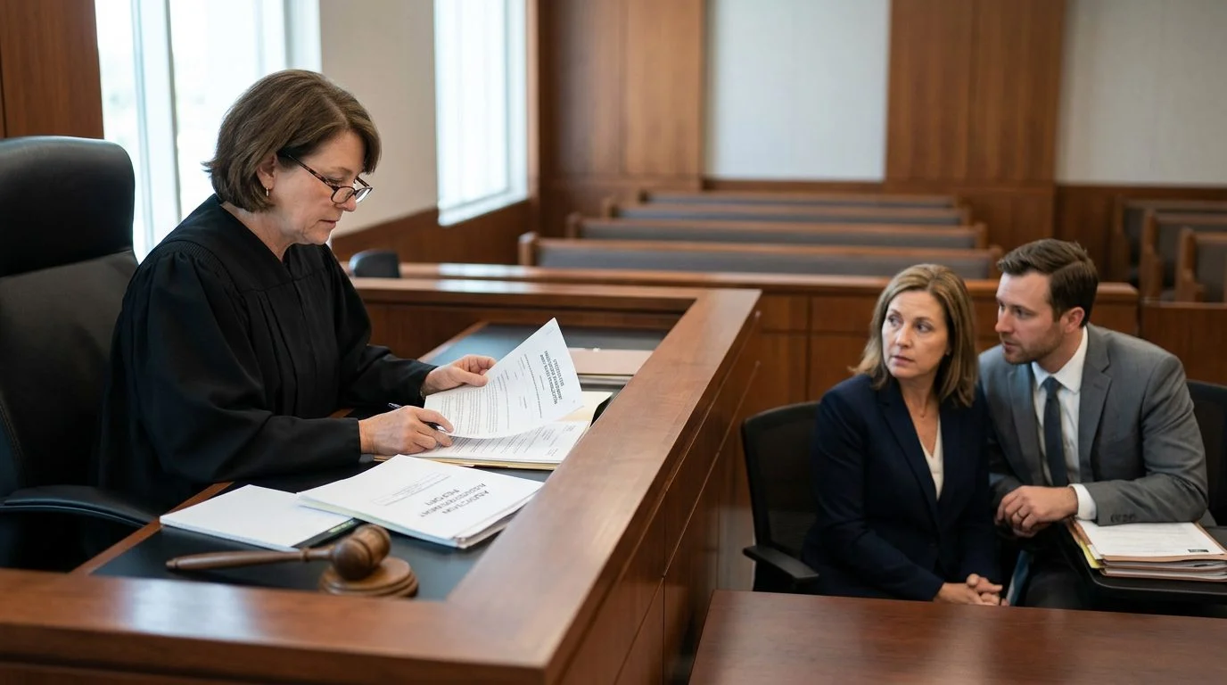 A judge reviews involuntary commitment petition documents in a Florida courtroom while the petitioner sits with counsel during a Marchman Act hearing.