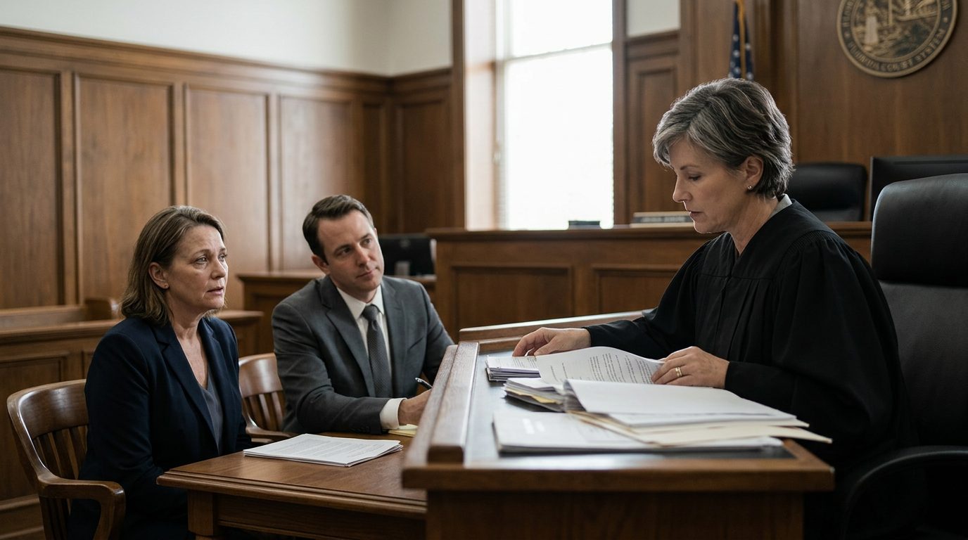 A judge reviews involuntary commitment petition documents in a courtroom while the petitioner sits with counsel during a Marchman Act hearing.