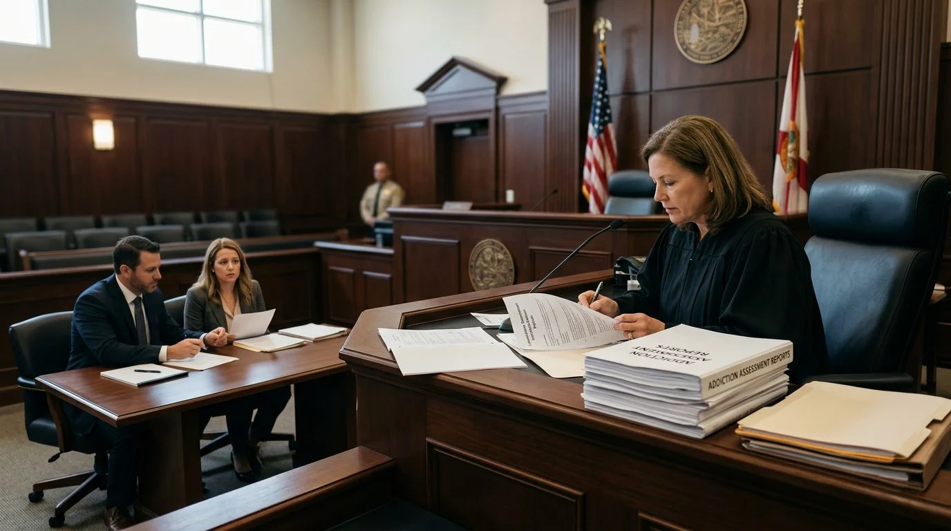 A judge reviews involuntary commitment petition documents on the bench while the petitioner sits with counsel in a South Florida courtroom.