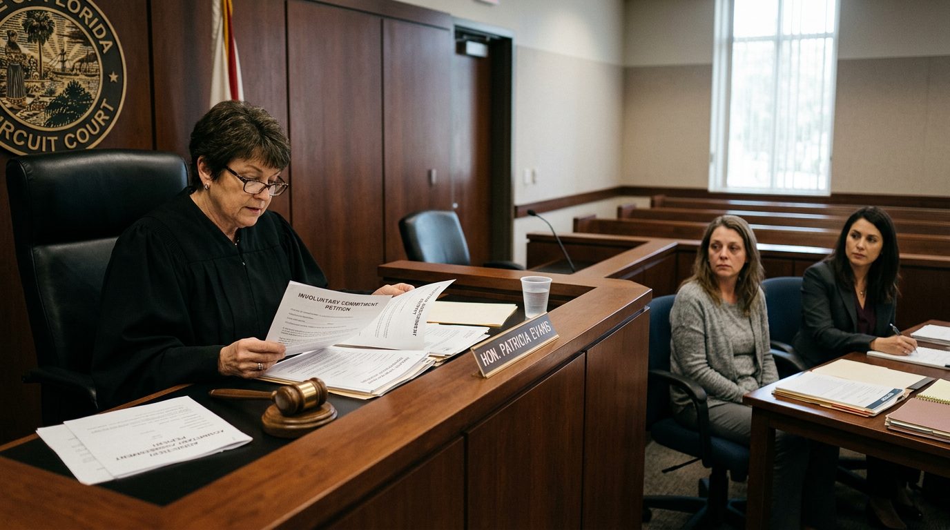 A judge reviews papers at a Florida courtroom bench while a petitioner sits with counsel during a Marchman Act hearing.