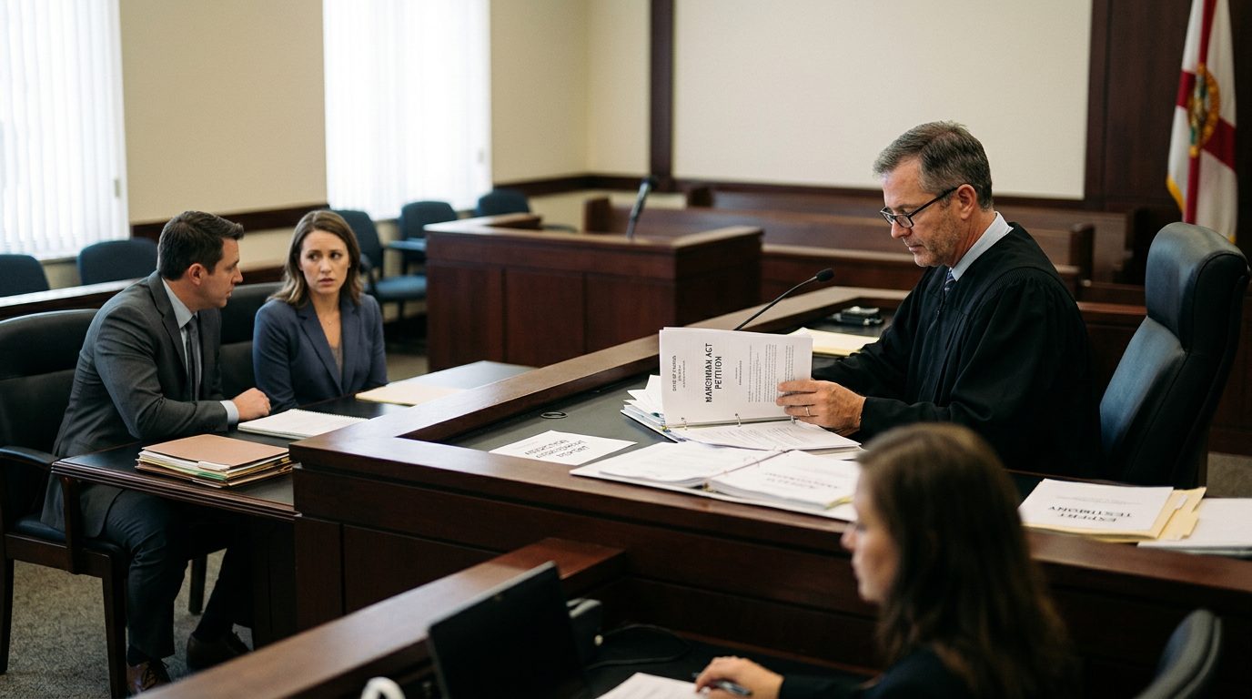 A judge reviews papers at the bench in a Florida courtroom while a petitioner sits with counsel during a hearing.