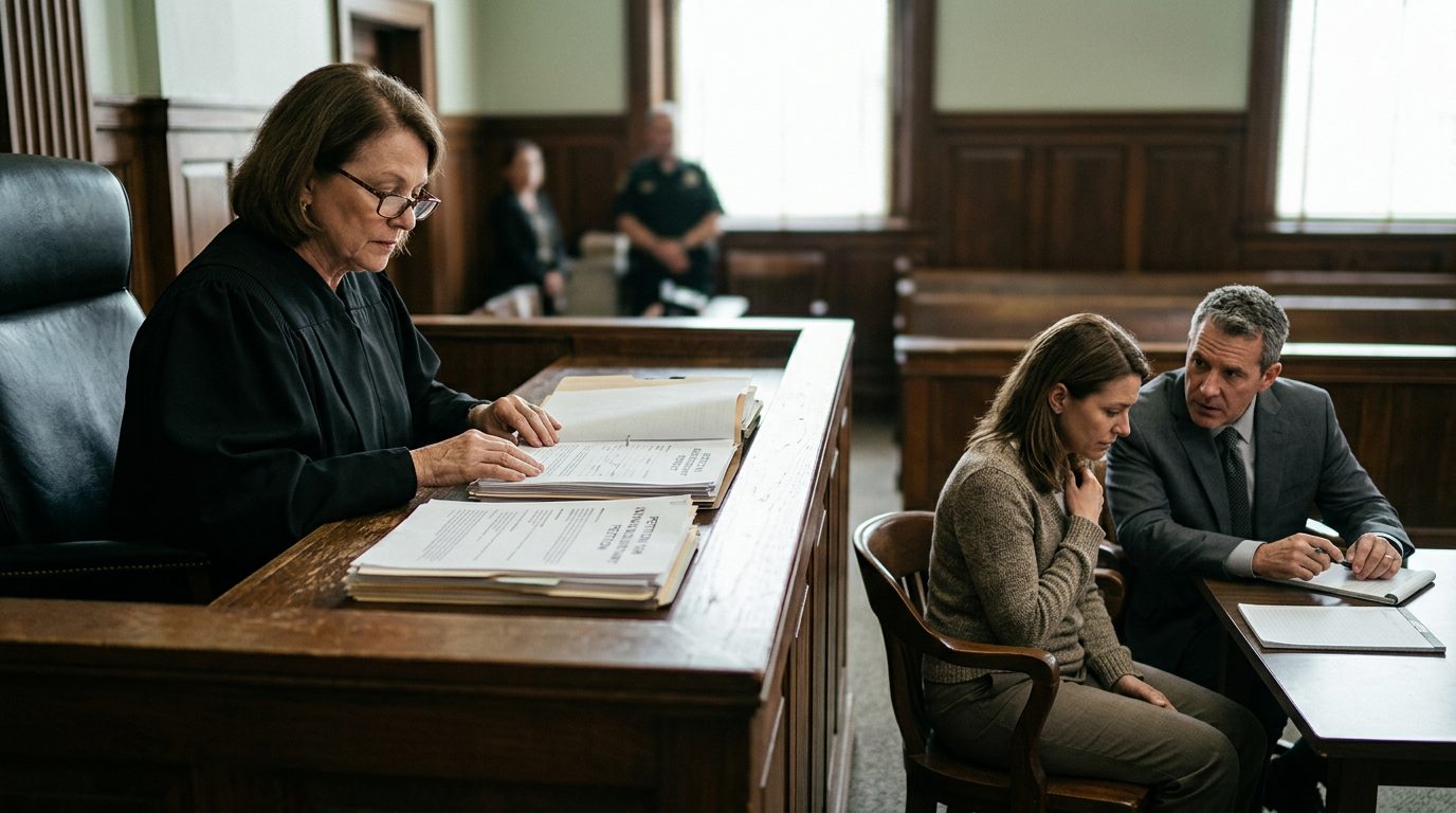 A judge reviews petition documents at a bench while a petitioner sits with counsel during a courtroom hearing.