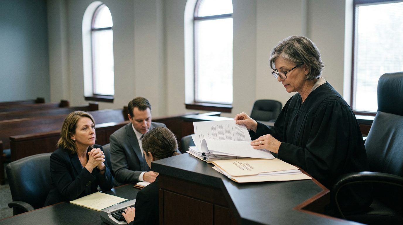A judge reviews petition documents at a courtroom bench while a parent sits with counsel during a Marchman Act hearing.