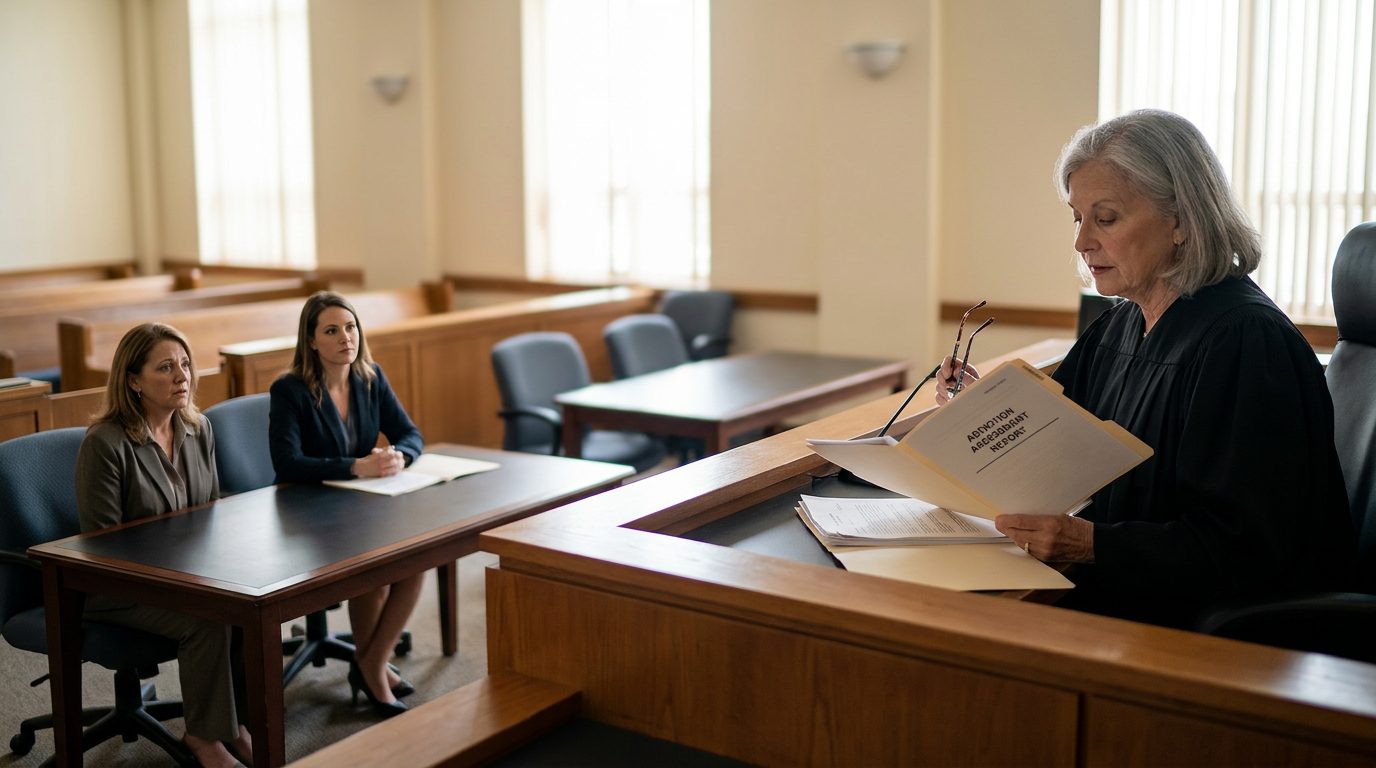 A judge reviews petition documents at a courtroom bench while a petitioner sits with counsel during a Marchman Act hearing.